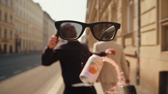 Brille und Dose lösen sich, pinke Limonade zieht einen Bogen aus schwebenden Tropfen